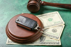 Car key with money and judge gavel on color background. 